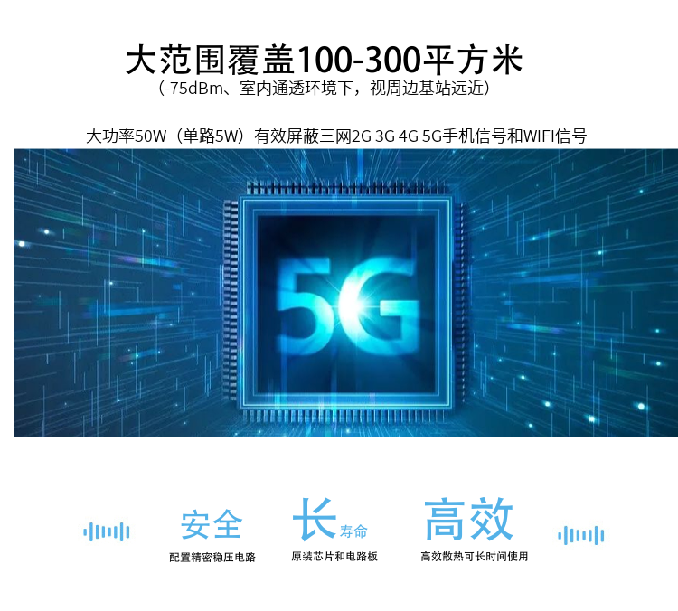 Z-820T5G考場(chǎng)手機信號屏蔽器是寧波大展電子科技有限公司運用現代高新技術(shù)，通過(guò)深入分析通信機理，綜合比較電磁發(fā)射抑制方法，精心研制成功高科技新型信息安全保密產(chǎn)品。該設備可以有效地屏蔽所有2G/3G/4G/5G手機、2.4GWiFi（WLAN/ZIGBEE/BLUETOOTH)等無(wú)線(xiàn)通信信號。通過(guò)發(fā)射特定的電磁信號，在禁止使用無(wú)線(xiàn)通信設備的場(chǎng)所內形成一個(gè)電磁保護場(chǎng)，使該場(chǎng)所內無(wú)線(xiàn)通信設備與外界無(wú)線(xiàn)通信信號不能產(chǎn)生對接，從而切斷場(chǎng)所內無(wú)線(xiàn)通信工具與外界的聯(lián)系，是保密會(huì )場(chǎng)、標準化考場(chǎng)的安全衛士。
